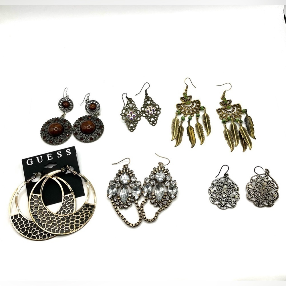 Earring Lot Boho Hippie Dangle Earrings 6 pairs Fun Beads Rhinestones Dangle